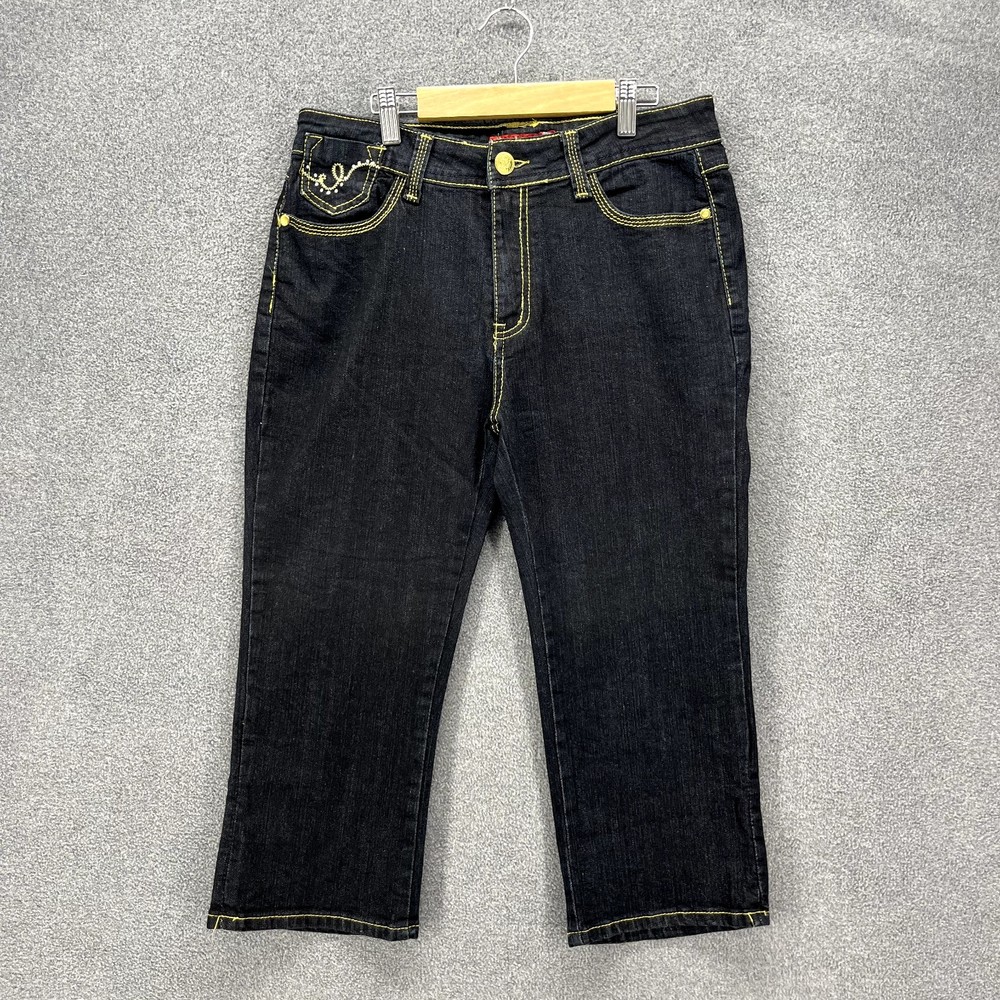 Used Cropped Jeans Womens Size XL Black Denim Gold trim mid rise‎